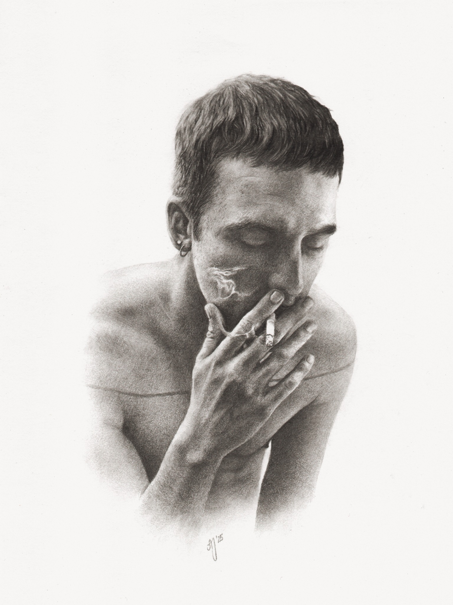 Graphite drawing of a seated man smoking